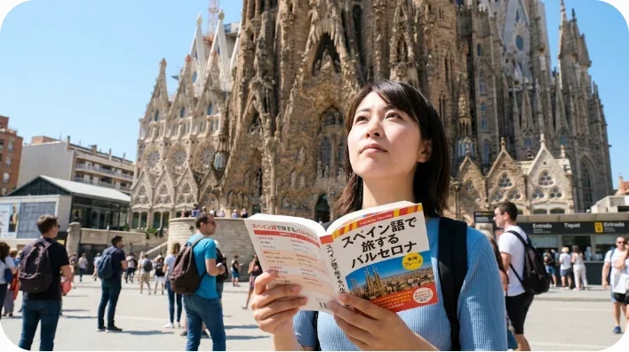 活気あるスペインのバルで笑顔のバーテンダーにタパスを注文する東アジア人の旅行者