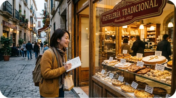 伝統的なスペインのパン屋（pastelería）のショーウィンドウを見つめる東アジア人の大人の学習者