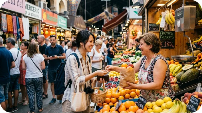 スペインの市場で現地の商人と笑顔で果物を売買し、お金をやり取りする東アジア人旅行者の風景