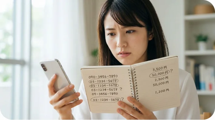 電話口でメモ帳に書かれた数字を確認している東アジア人の学習者の様子