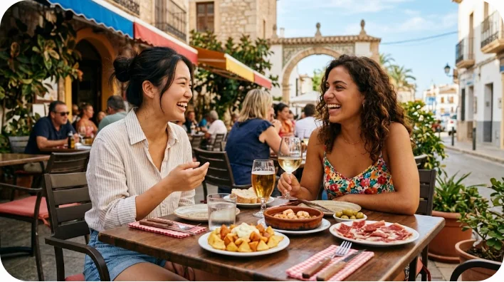 スペインのレストランで楽しく会話する2人の女性