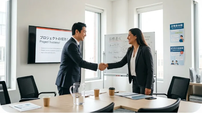 明るく近代的なオフィスの会議室で、東アジア人の専門家とヒスパニック系のビジネスパートナーがプレゼンテーション成功後に笑顔で握手をしている様子