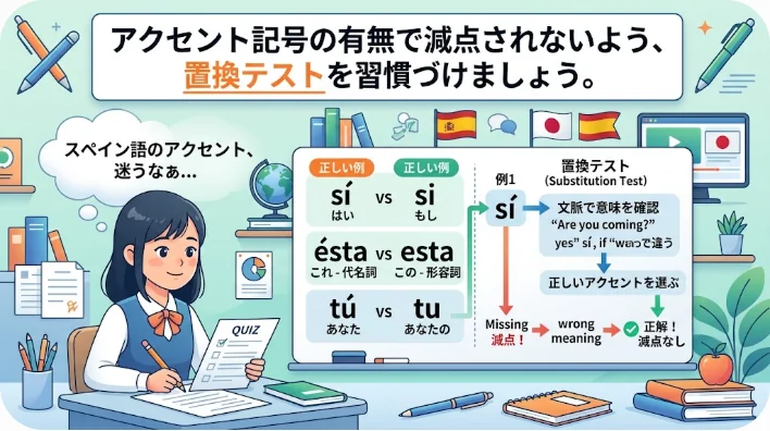 赤いペンでスペイン語の文法問題のアクセント記号をチェックしている様子