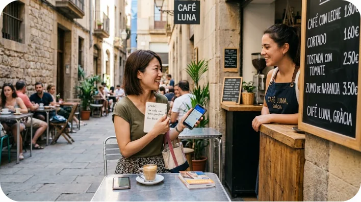 スペインの明るい屋外カフェで地元のバリスタにコーヒーを注文する様子