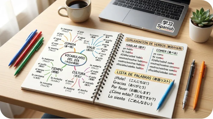 カラフルなマインドマップ、スペイン語の動詞の活用、単語リストが書き込まれた開かれた学習ノートの詳細な視点。