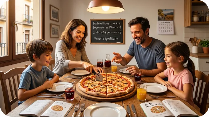 スペインの家族4人が大きなピザを等分に切り分けて楽しそうに食事をしている風景