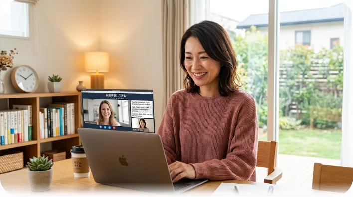 自宅のノートパソコンでオンライン言語レッスンを受け、自信に満ちた笑顔を見せる東アジア人の大人の学習者