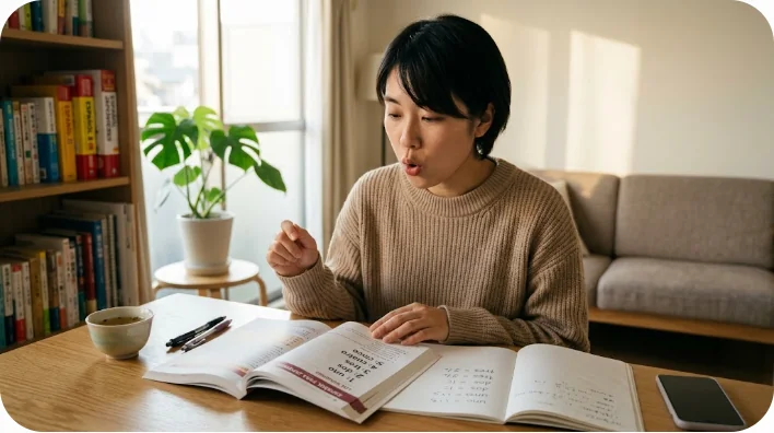 テキストを開いて自宅でスペイン語の発音練習をしている東アジア人の大人の様子