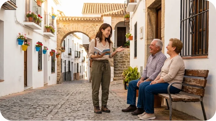 スペインの歴史的な白い街並みでガイドブックを持ち、地元の人と笑顔で会話するアジア人の旅行者
