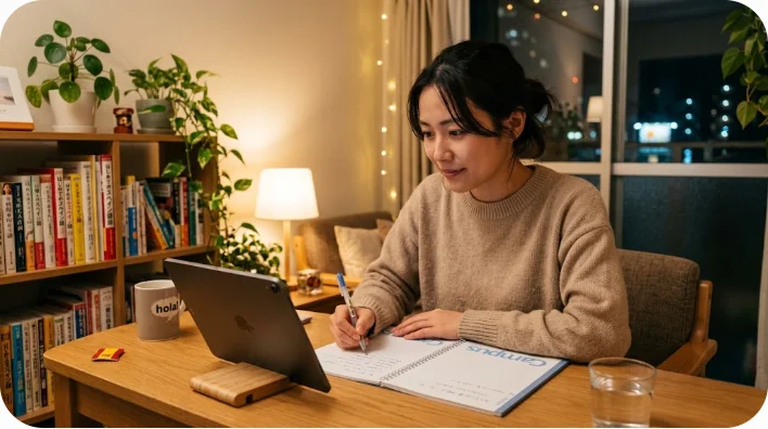 夜の自宅でタブレットを使ってリラックスしながらスペイン語を勉強する学習者