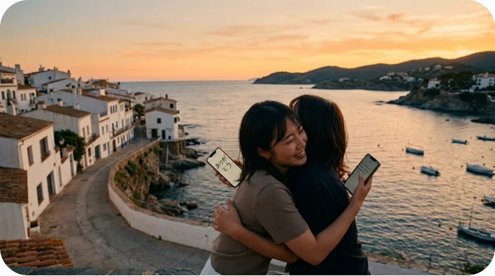 スペインの海岸沿いの町に沈む美しい夕日を背景に、二人の友人が抱き合いながらスマートフォンで心からの感謝のメッセージを交わしている様子