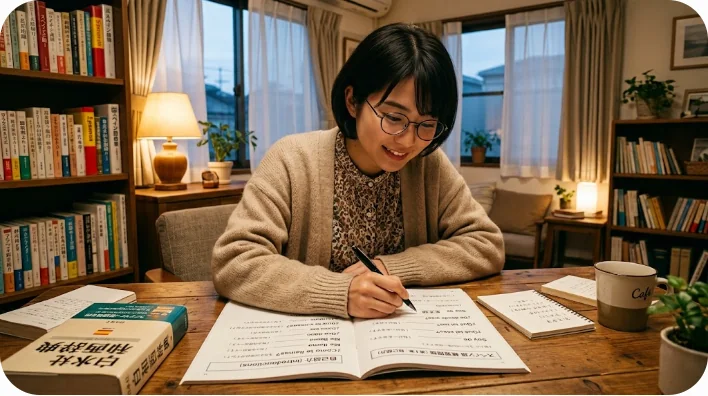 スペイン語の文法ワークブックに取り組む学習者