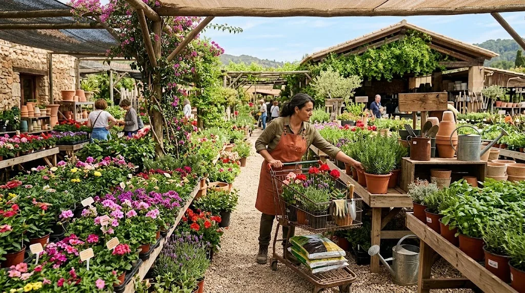 スペインの園芸店で植物を選ぶ様子