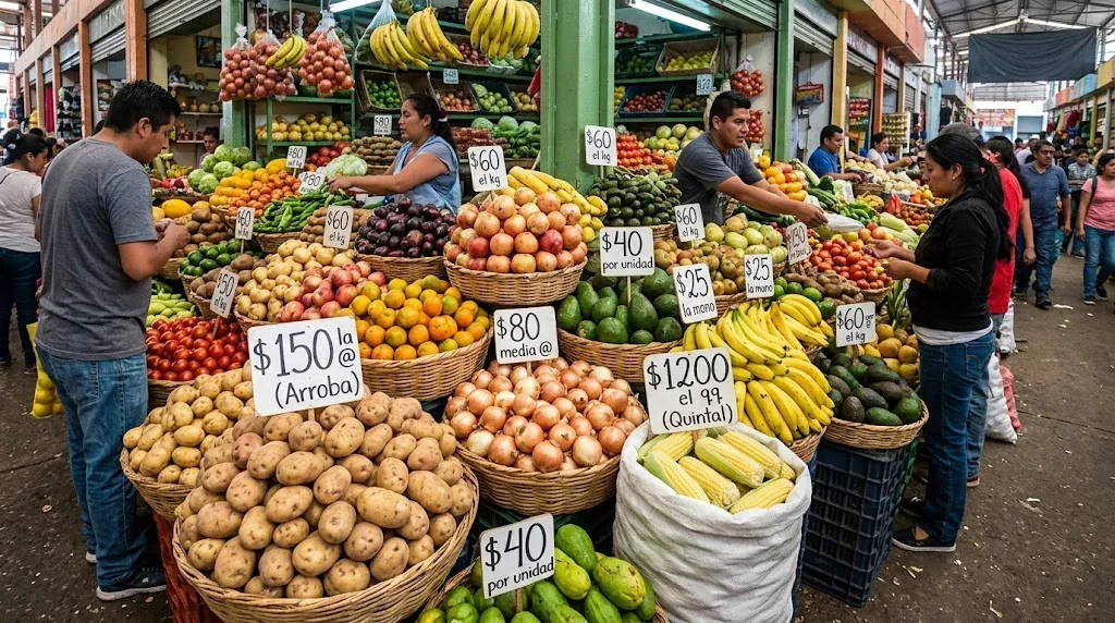 市場に並ぶ野菜と果物の量り売りの様子