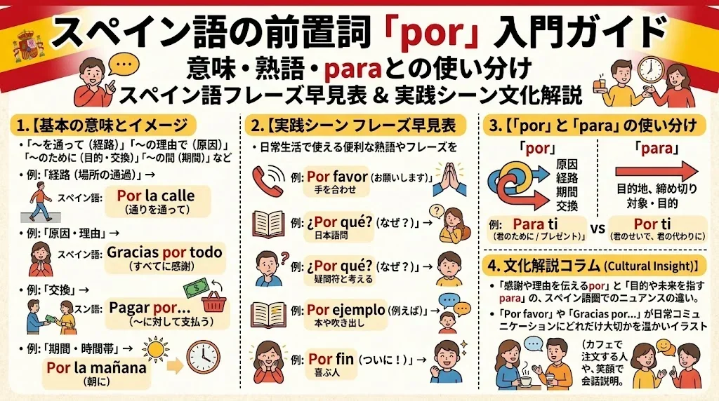 スペイン語の前置詞「por」の意味、よく使われる表現、「para」との違い、文化的背景などを解説した、日本語の教育用インフォグラフィック。.