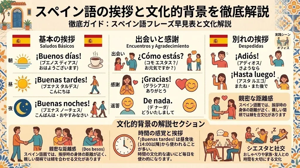 スペイン語の挨拶や文化的背景を解説したインフォグラフィックガイド。よく使われるフレーズや時間帯、社交場面のイラストなどを紹介しています。.