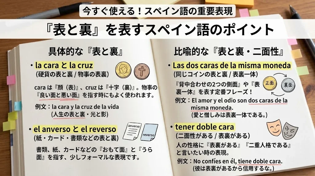 物事の「表・裏」を表すスペイン語！スペイン語で「表」と「裏」を表現するの解説イメージ