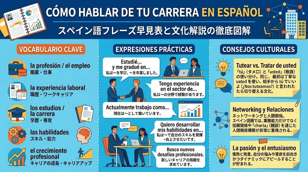 「スペイン語で自分のキャリアについて話す方法」と題されたインフォグラフィック。ビジネスでの人脈作りに関する重要な語彙、実用的なフレーズ、文化的なアドバイスを、スペイン語と日本語で紹介しています。.
