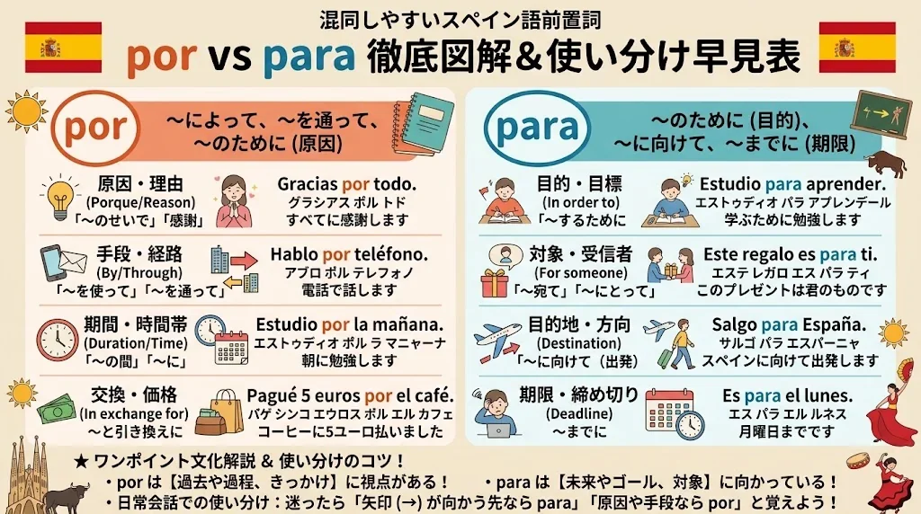 スペイン語の前置詞「por」と「para」を、用法の分類、例文、イラストを用いて比較したインフォグラフィック。.