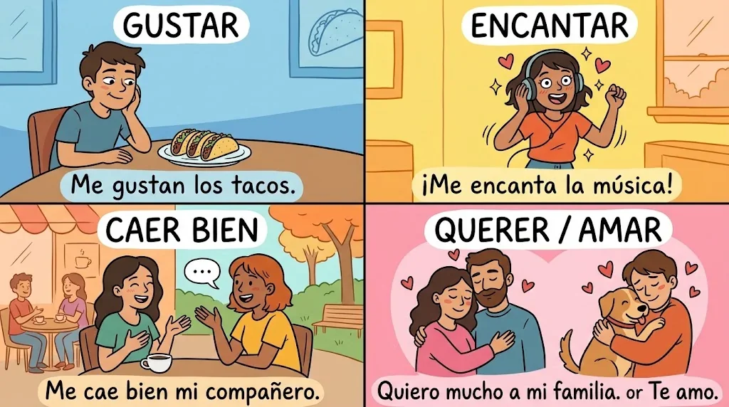 スペイン語の「好き」の表現を対比した図解