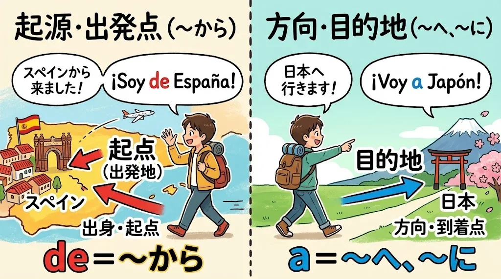 「de」と「a」の意味を対比したイラスト