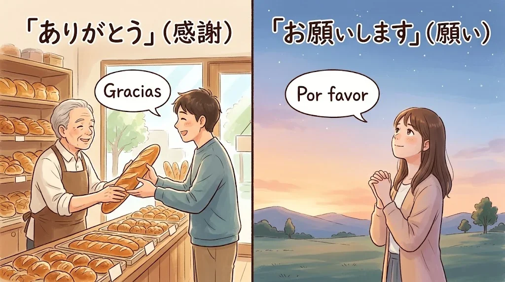 パン屋でバゲットを受け取る人と空を見上げる人の対比イラスト