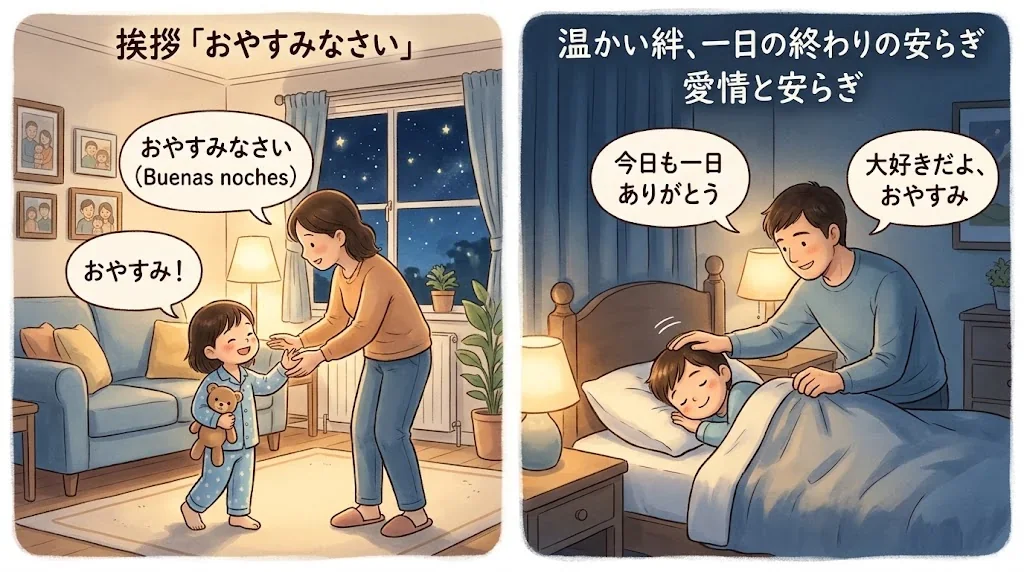 家族が夜の挨拶を交わす温かい情景の対比イラスト
