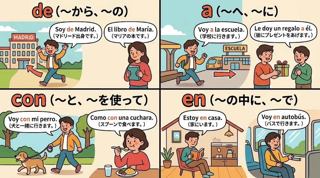 前置詞の意味や使い方を比較したイラスト