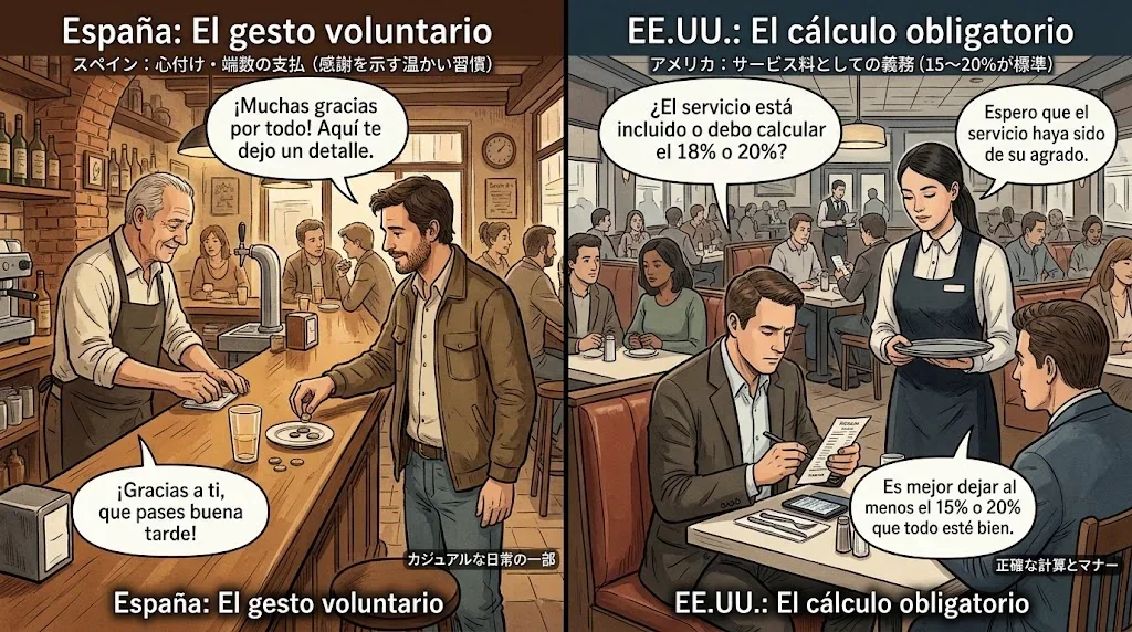 スペインのチップ文化とアメリカの比較イラスト