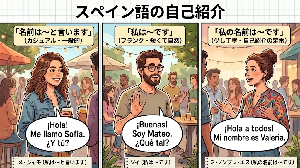 スペイン語の自己紹介フレーズのニュアンスを対比したイラスト