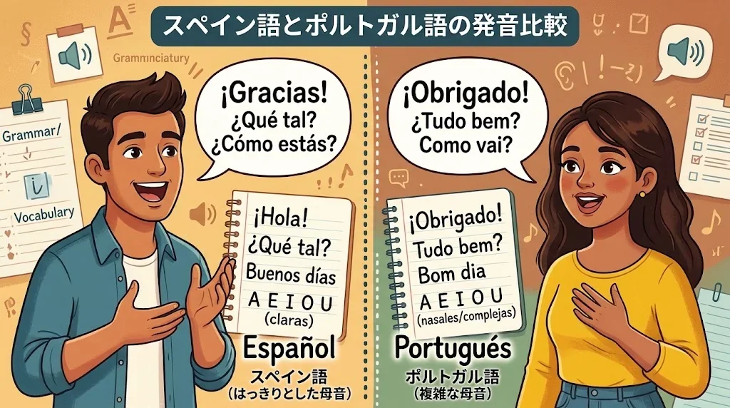 スペイン語とポルトガル語の発音の違いを示す対比イラスト