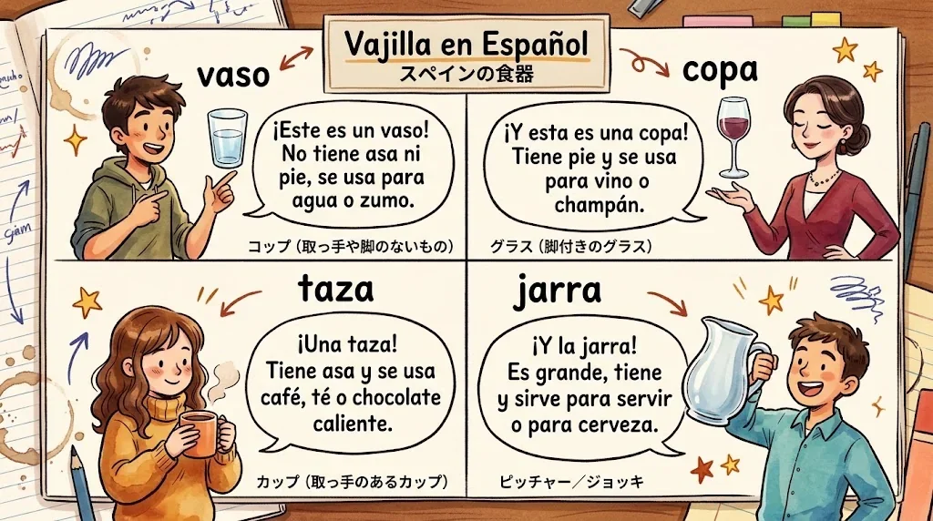 スペイン語の食器用語の違いを示す対比イラスト