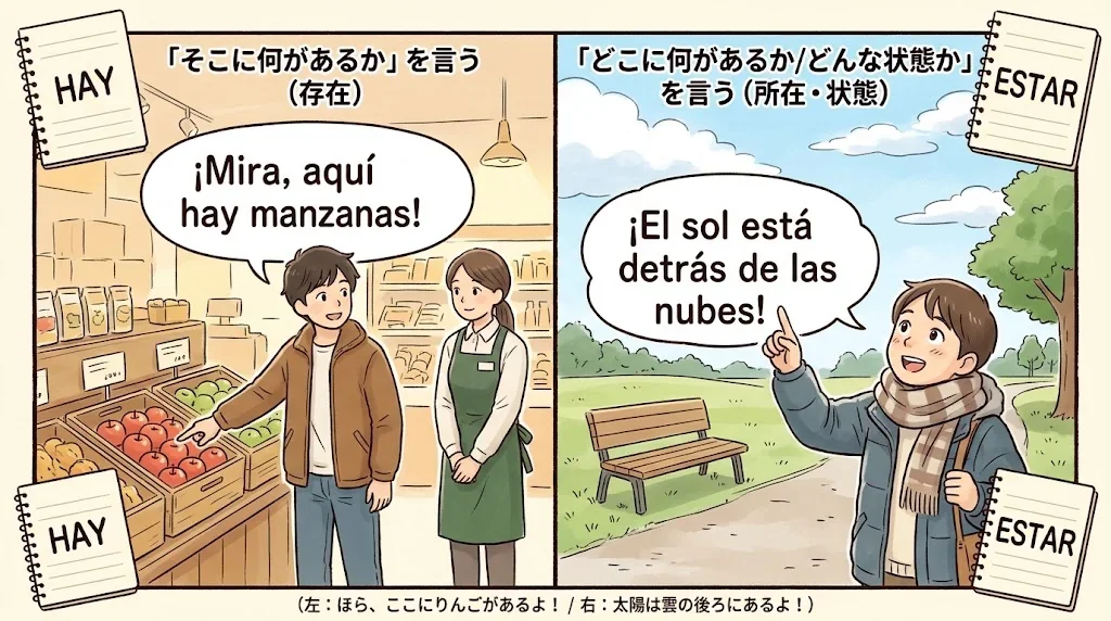 店内で欲しい物を指差す人と空を見上げる人の対比イラスト