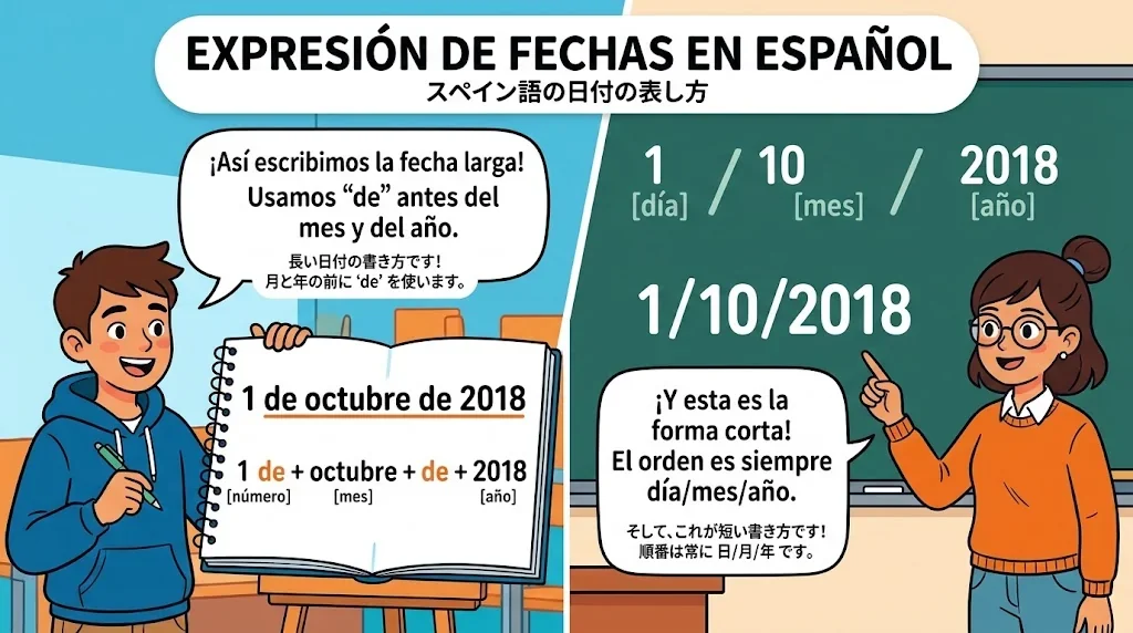 スペイン語の日付表現の構造を対比したイラスト