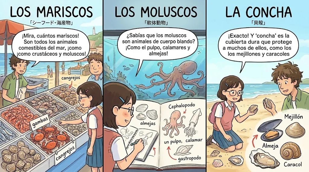 スペイン語の「魚介類」「貝類」「貝殻」の違いを示す図解
