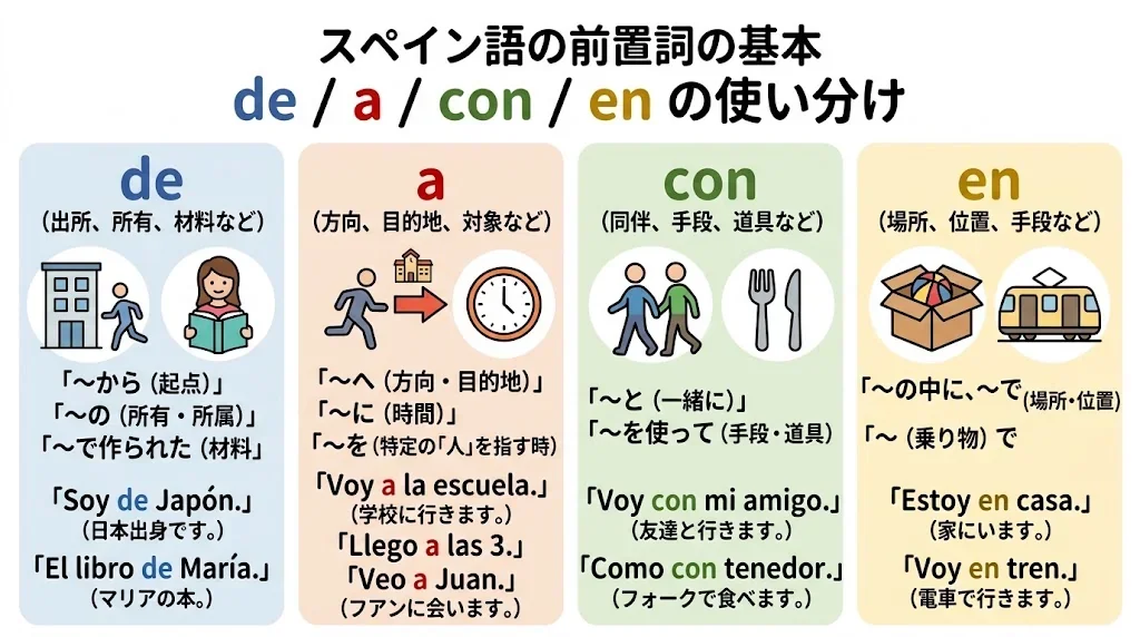 前置詞の使い分けを色分けしたインフォグラフィック
