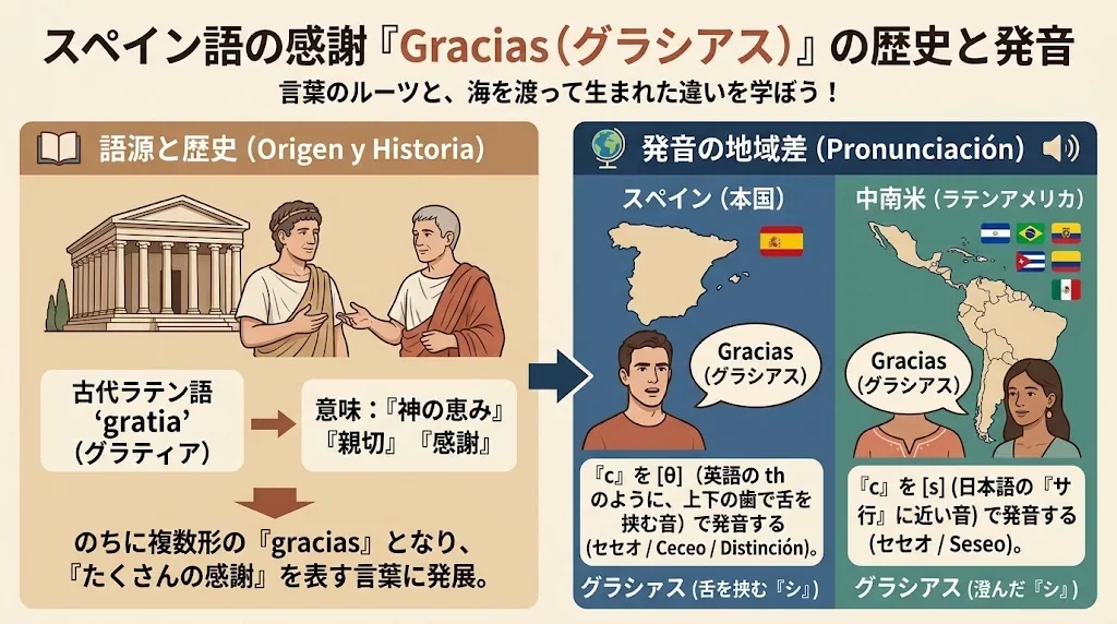 「Gracias」の語源や発音の違いを示したインフォグラフィック