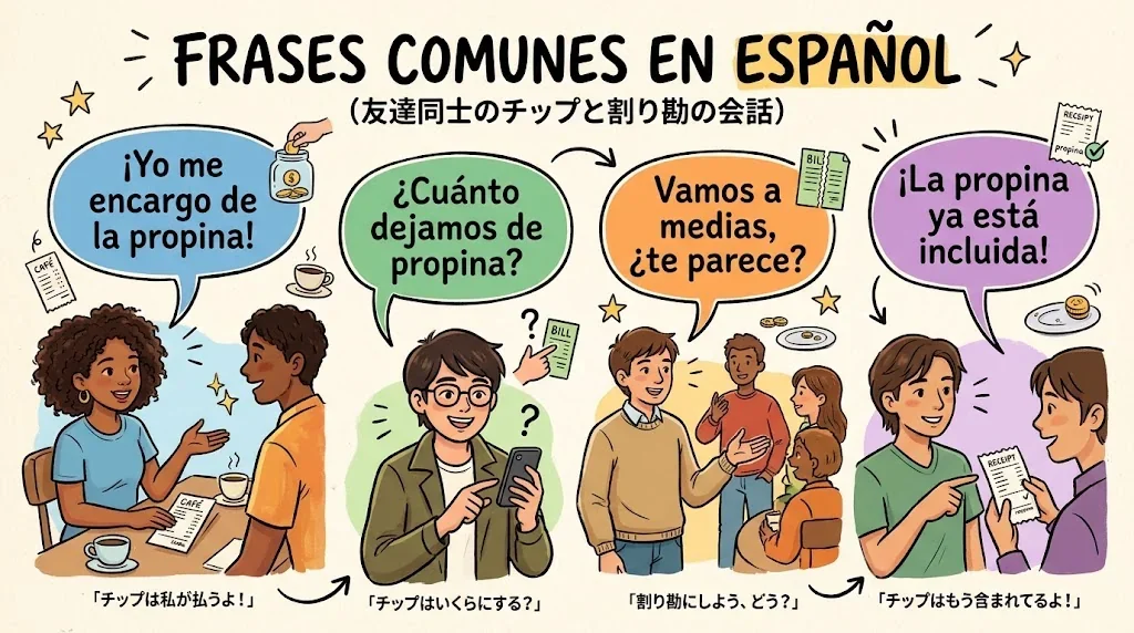 友人同士のチップに関する会話フレーズのインフォグラフィック