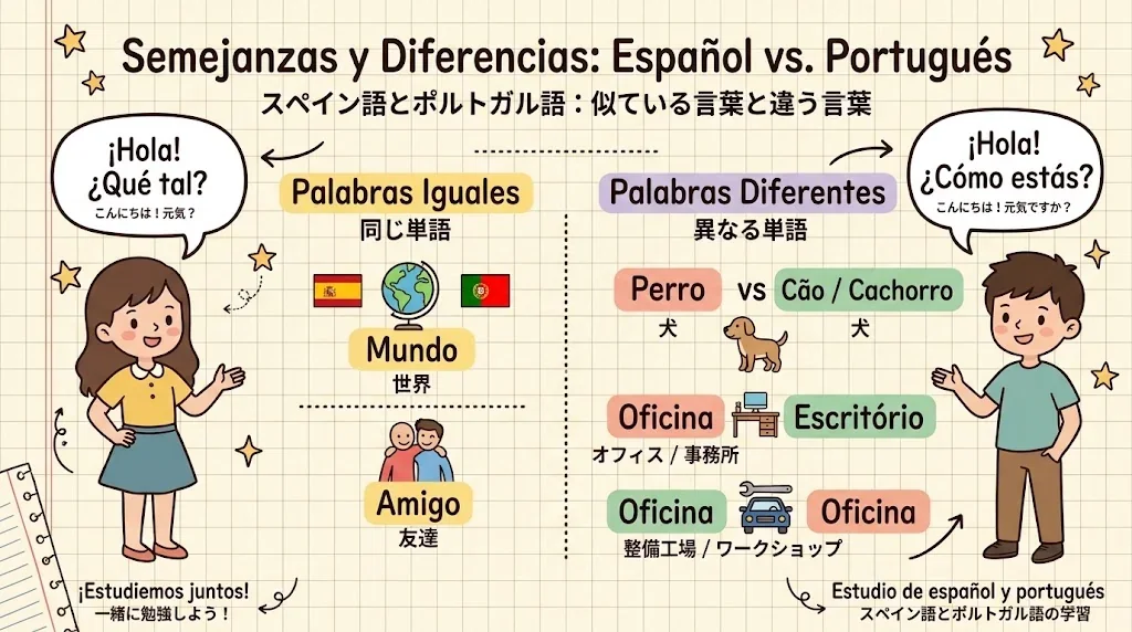 スペイン語とポルトガル語の語彙の違いを図解したインフォグラフィック