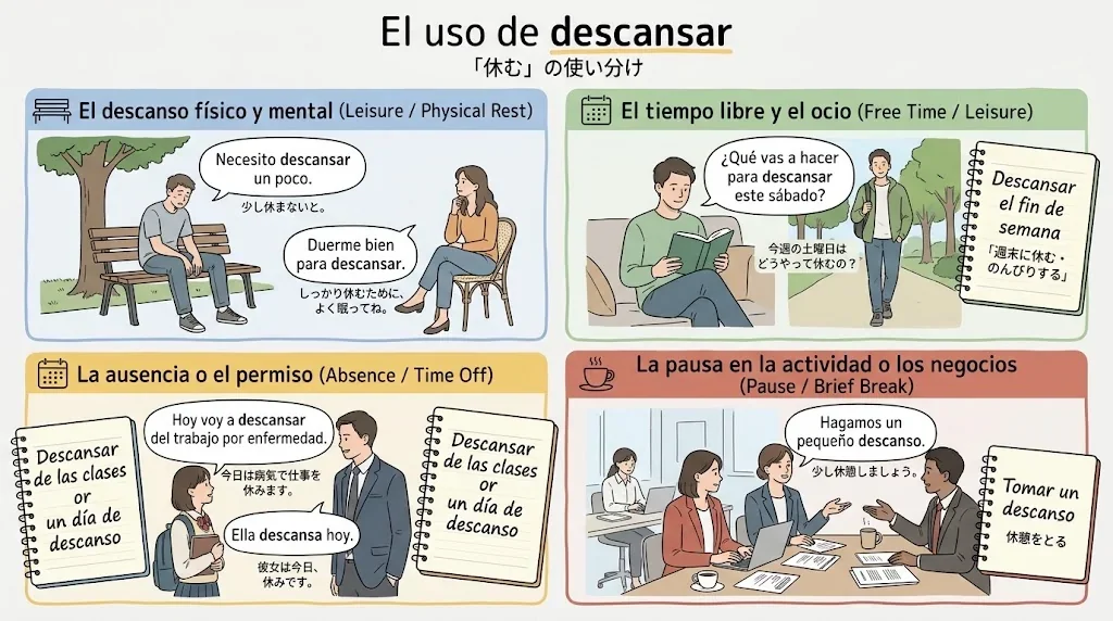 スペイン語の「休む」のニュアンスを図解したインフォグラフィック