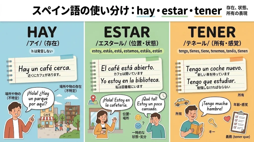 hay・estar・tenerの発音と使い方を示したインフォグラフィック