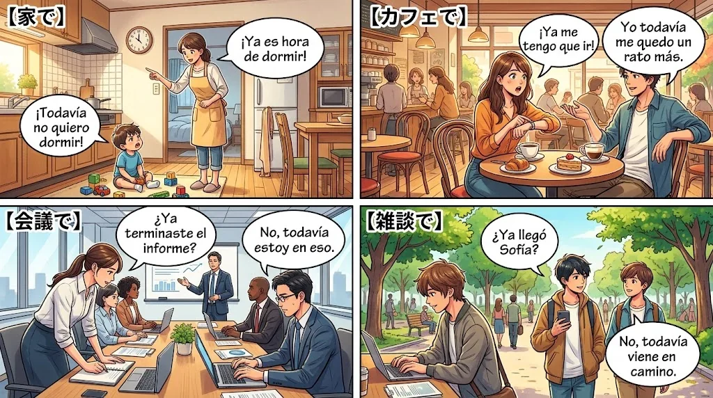 様々な場面での「ya」と「todavía」の使用例を示したコラージュ画像