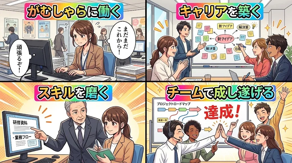 職場でのキャリア関連フレーズを使ったシーンのコラージュ