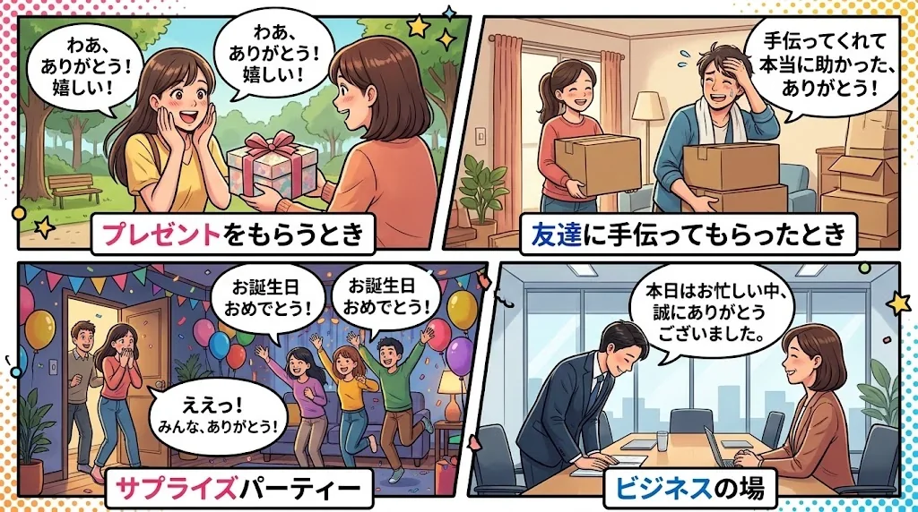 様々な場面での感謝表現を示すコラージュ画像