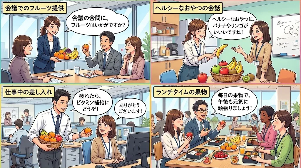 ビジネスシーンでの果物表現を示すコラージュ画像