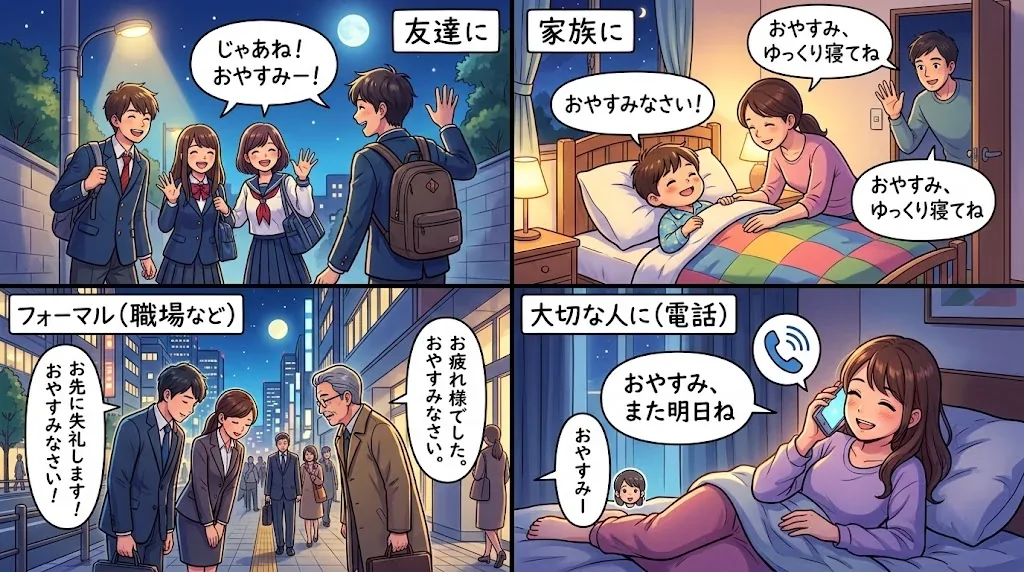 様々な場面での夜の挨拶を示すコラージュ画像