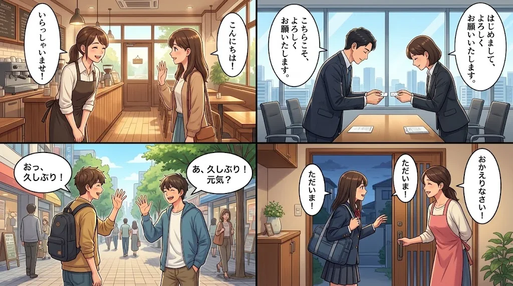 様々なシチュエーションでの挨拶を示すコラージュ