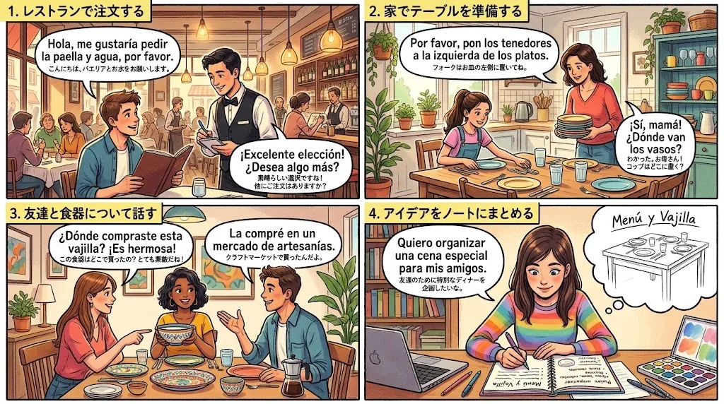 様々なシーンでの食器の使い方を示すコラージュ画像