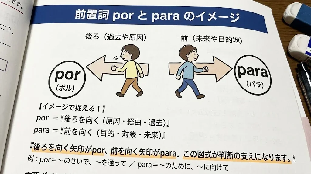 方眼紙に色付きのマーカーで後ろ向きと前向きの2本の矢印が描かれた学習ノートと単語カード