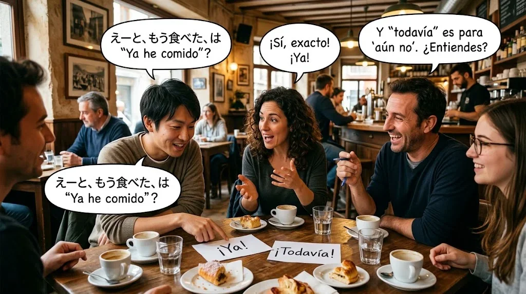 カフェでフラッシュカードを使って会話練習する様子